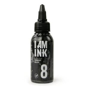 Bouteille noire I AM INK avec 50ml d'encre Midnight Black sur fond blanc