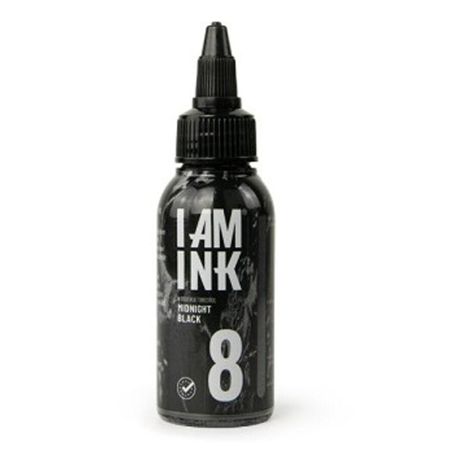 I AM INK Tattoo Encre Midnight Black 50ml Bouteille noire I AM INK avec 50ml d'encre Midnight Black sur fond blanc