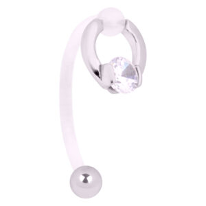 Banane d'intimité argentée en PTFE et acier chirurgical avec cristal clair sur fond blanc