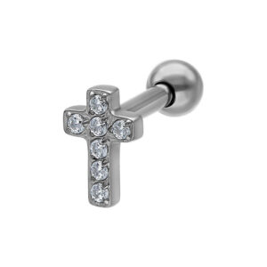 Barbell d'oreille en titane argenté avec croix en cristal sur fond blanc