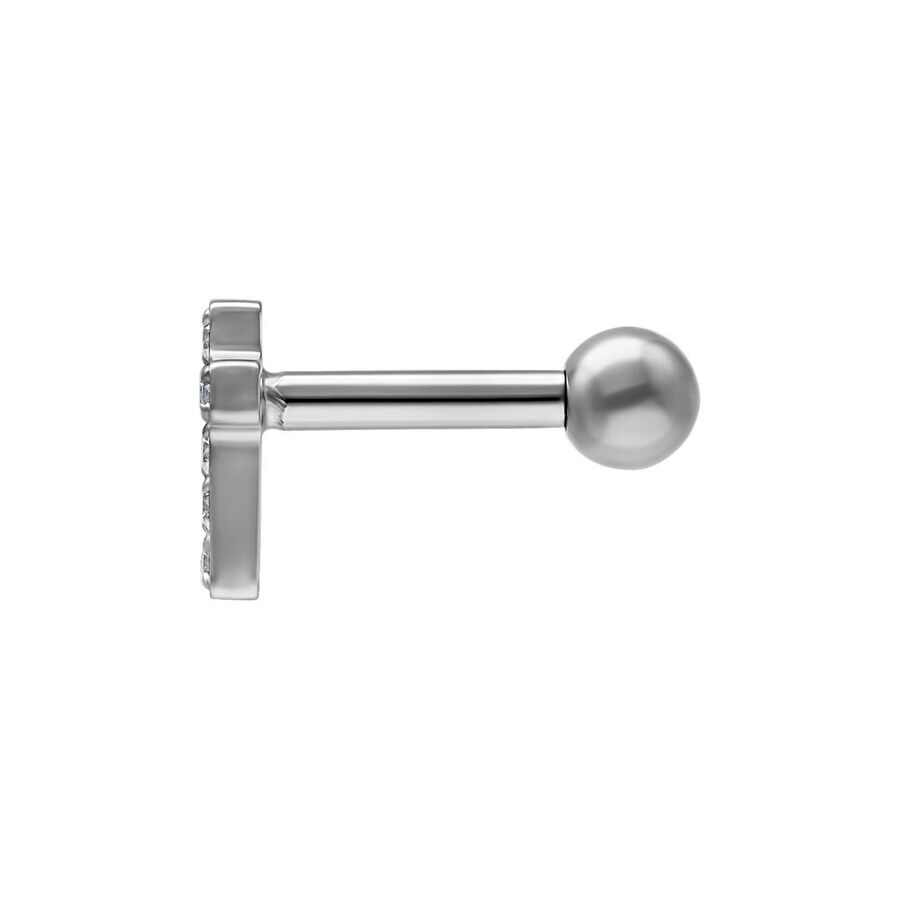 Barbell en titane argenté avec croix en cristal Barbell d'oreille argenté avec croix en cristal et boule sur fond blanc