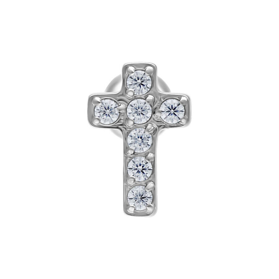 Barbell d'oreille en titane avec croix en cristal Barbell d'oreille argenté avec croix en cristal clair en titane sur fond blanc