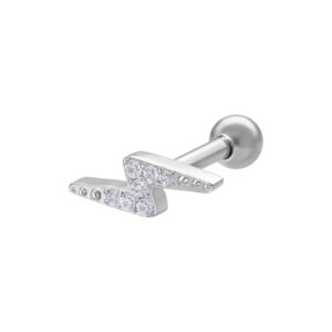 Barbell d'oreille argenté avec cristal clair sur fond blanc