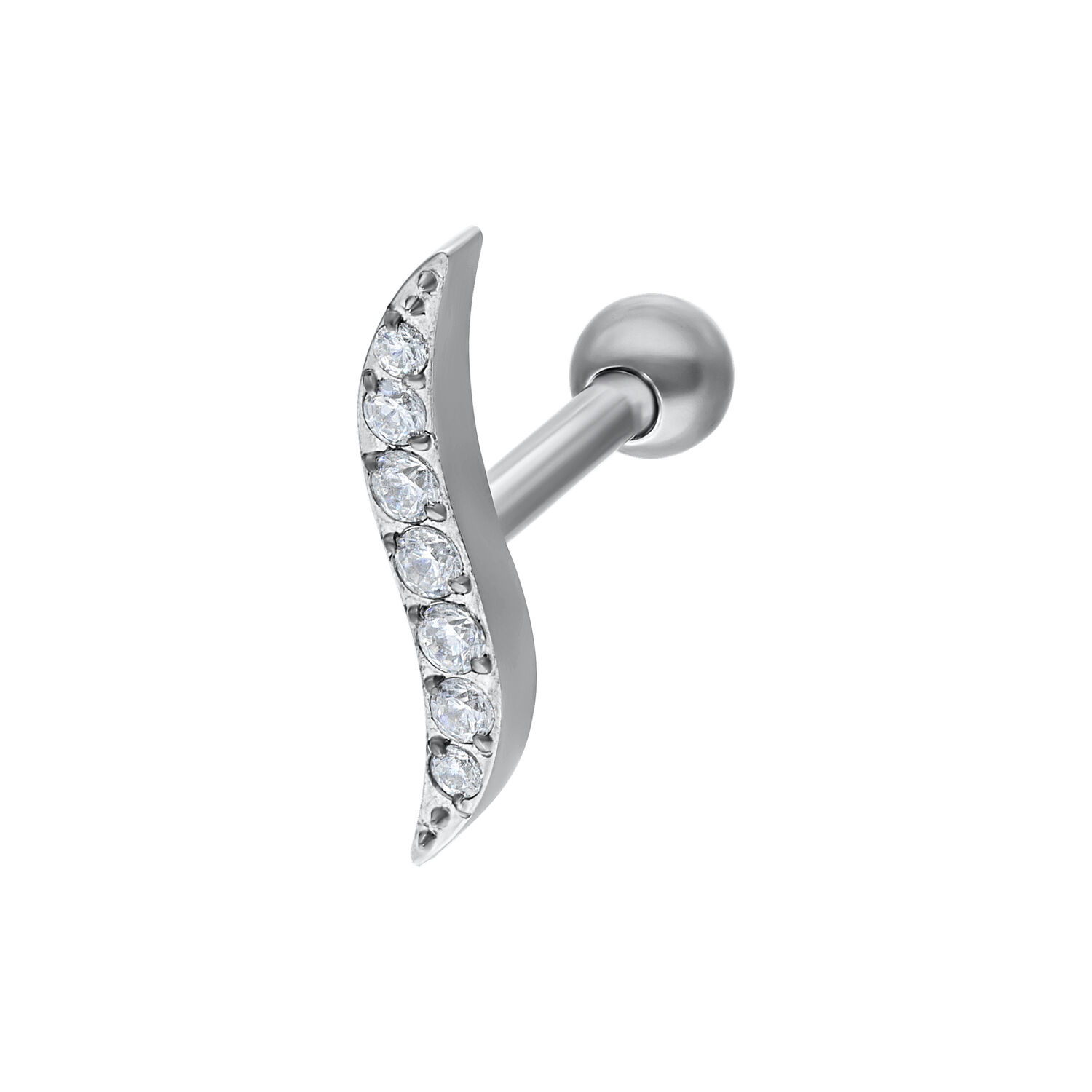 Barbell d'oreille en vague cristal argenté avec zirconia Barbell d'oreille en titane argenté avec design ondulé et pierres de zirconia claires sur fond blanc