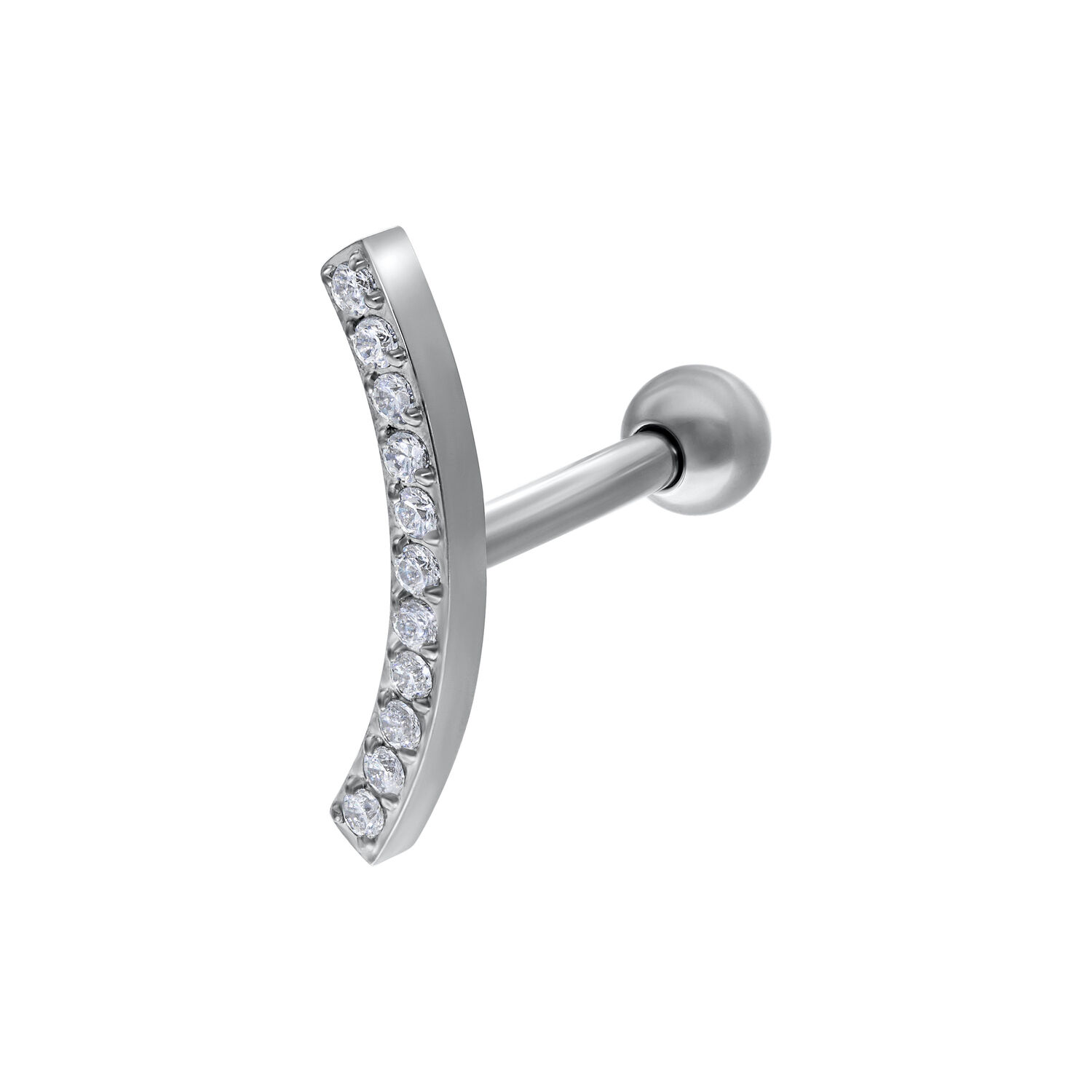 Barbell d'oreille avec cristaux en argent Barbell d'oreille en argent avec cristaux clairs sur fond blanc