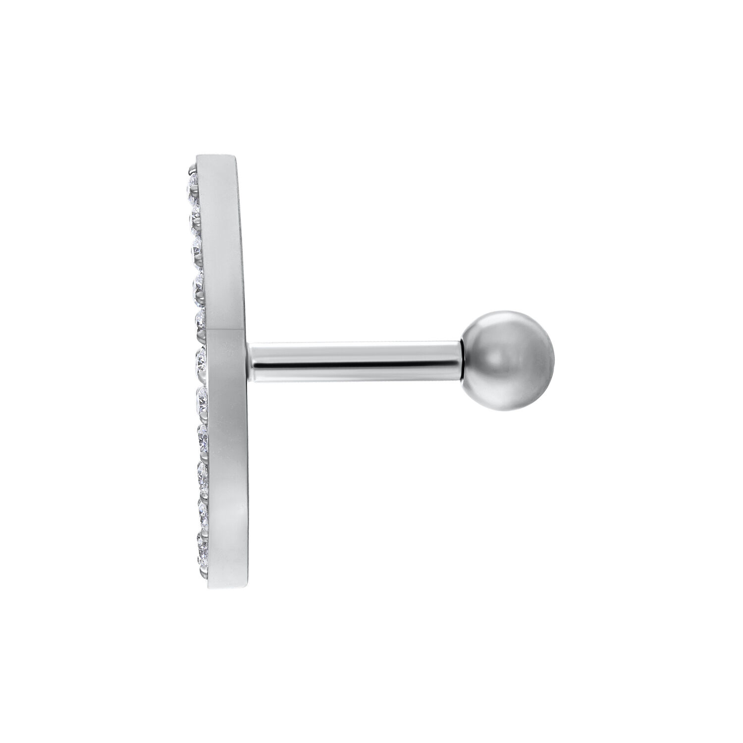 Barbell d'oreille argenté avec arc en cristal Barbell d'oreille argenté avec décoration en cristal sur fond blanc