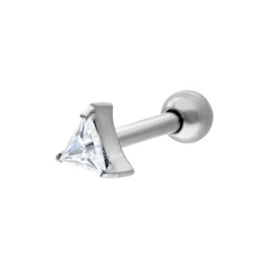 Barbell d'oreille argenté avec cristal triangulaire sur fond blanc