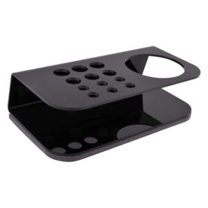Support en acrylique noir avec trous pour bouteilles d'encre et gobelets sur fond blanc