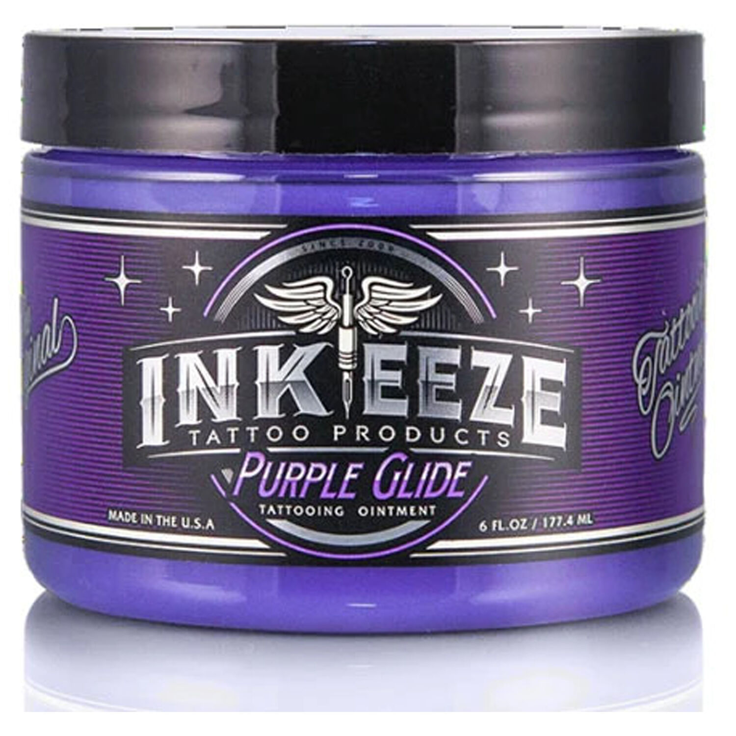 Crème pour tatouage Purple Glide de Ink Eeze 180ml Pot de crème pour tatouage violet avec logo Ink Eeze sur fond blanc