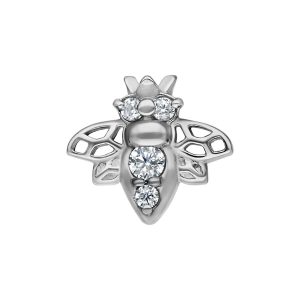 Embout en forme d'abeille en acier chirurgical argenté avec quatre cristaux clairs sur fond blanc