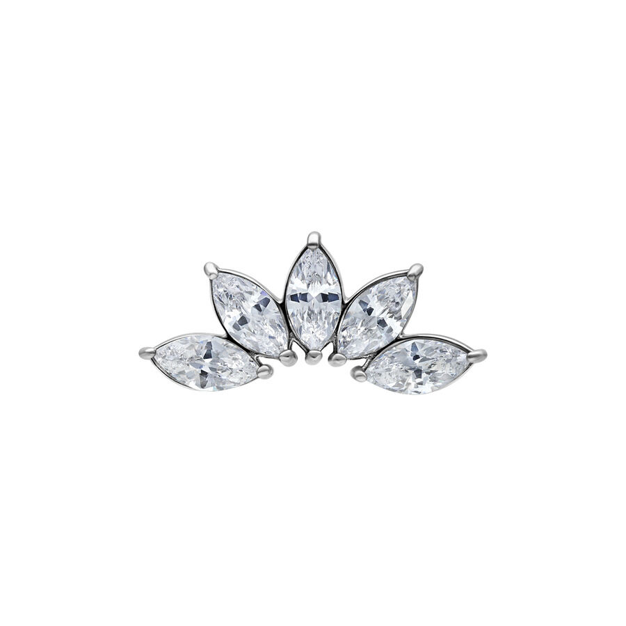 Embout Marquise argenté avec cinq cristaux clairs sur fond blanc