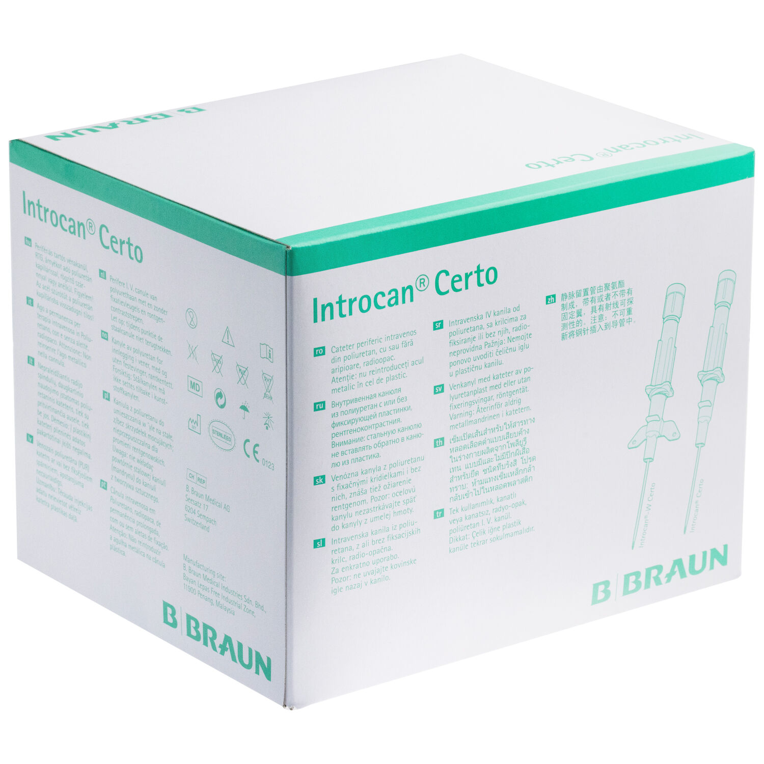 Aiguille de piercing médicale emballage Introcan Emballage blanc avec accents verts de la marque B Braun pour aiguilles de piercing Introcan