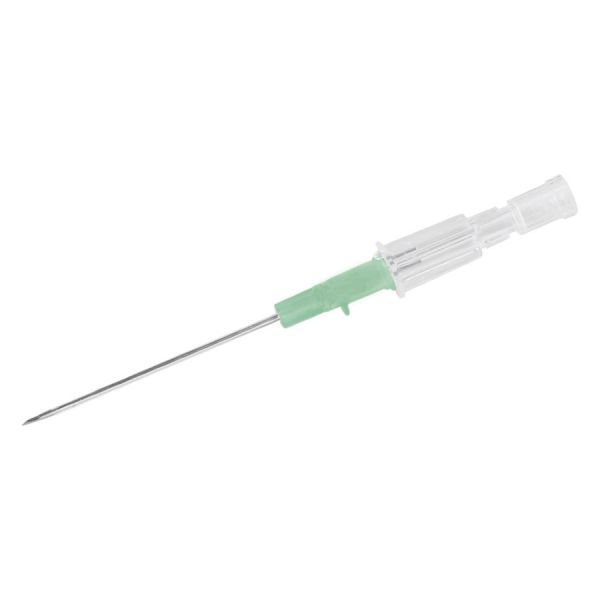 Aiguille de piercing médicale en acier chirurgical Aiguille de piercing en acier chirurgical avec poignée verte sur fond blanc