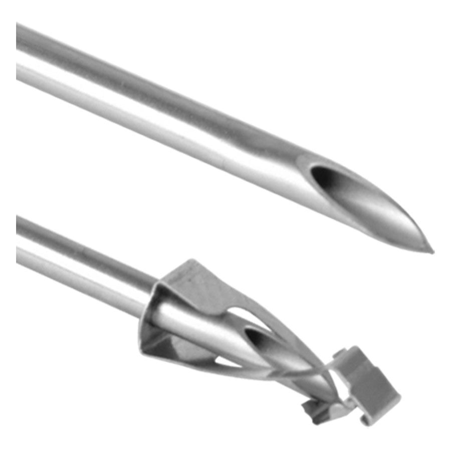 Wildcat Piercingnadel Safety Set, Introcan Gros plan de deux aiguilles de piercing en acier chirurgical argenté sur fond blanc