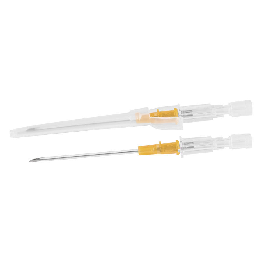 Aiguille de piercing Introcan Safety en acier chirurgical Deux aiguilles de piercing en acier chirurgical avec poignée jaune sur fond blanc