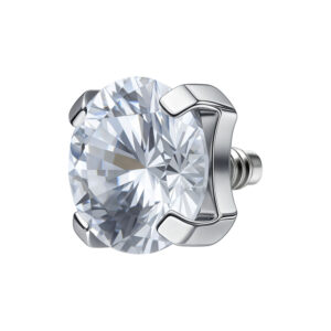 Embout de piercing argenté avec pierre cristalline sur fond blanc