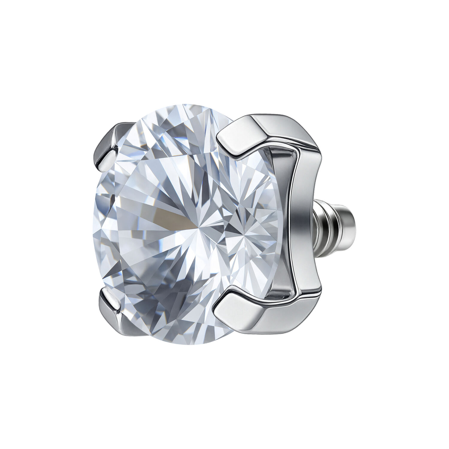 Embout argenté avec cristal pour piercing Embout de piercing argenté avec pierre cristalline sur fond blanc