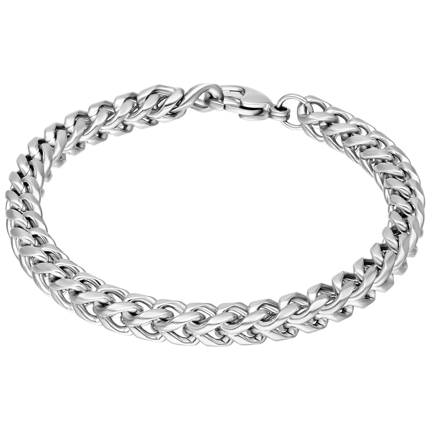 Bracelet tressé en argent sur fond blanc
