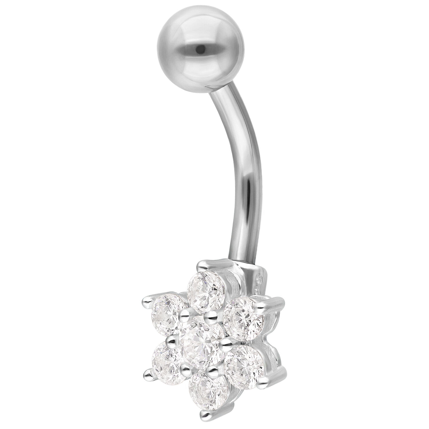 Piercing Bananabell Fleur Argentée pour Bébé Bananabell argenté avec fleur en cristal clair sur fond blanc