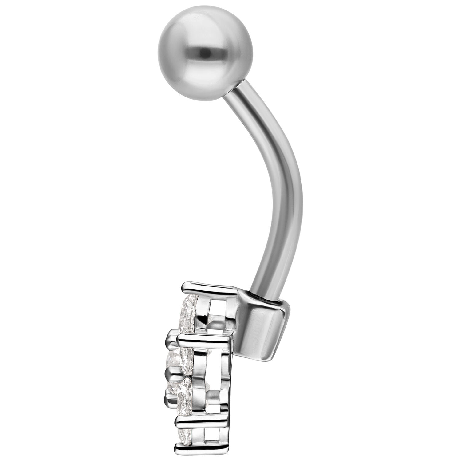Banane en argent avec cristaux Banane en argent avec extrémité sphérique et cristaux sur fond blanc