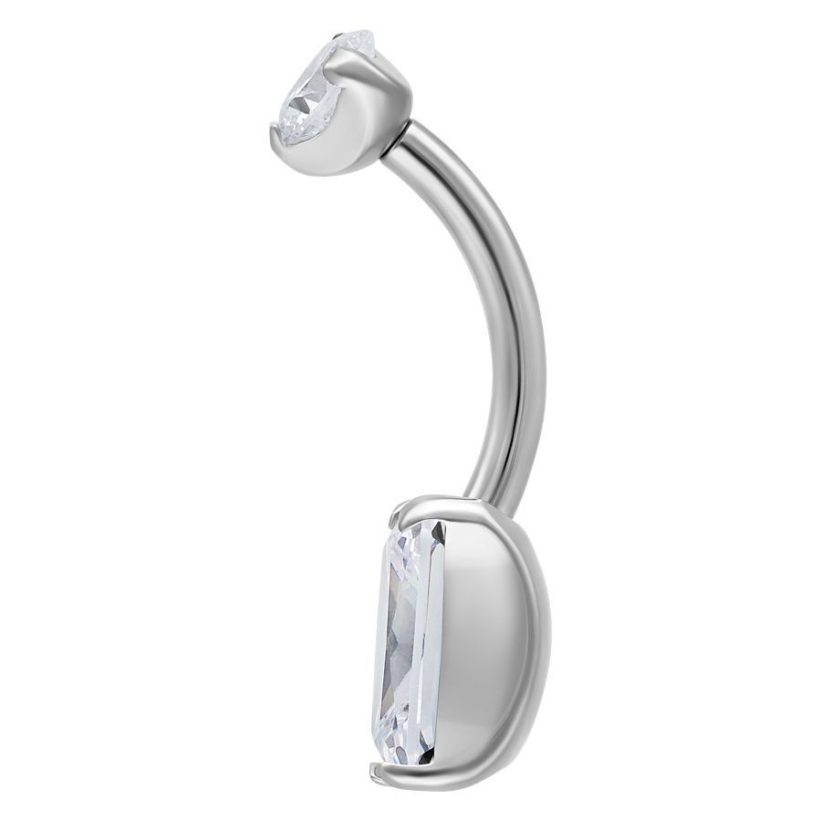 Banane en argent avec cristal clair Piercing nombril carré en titane avec cristal clair sur fond blanc