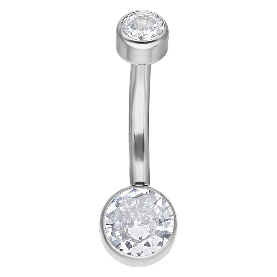 Fiona Bananabell en argent avec cristal Piercing bananabell en argent avec deux cristaux clairs sur fond blanc