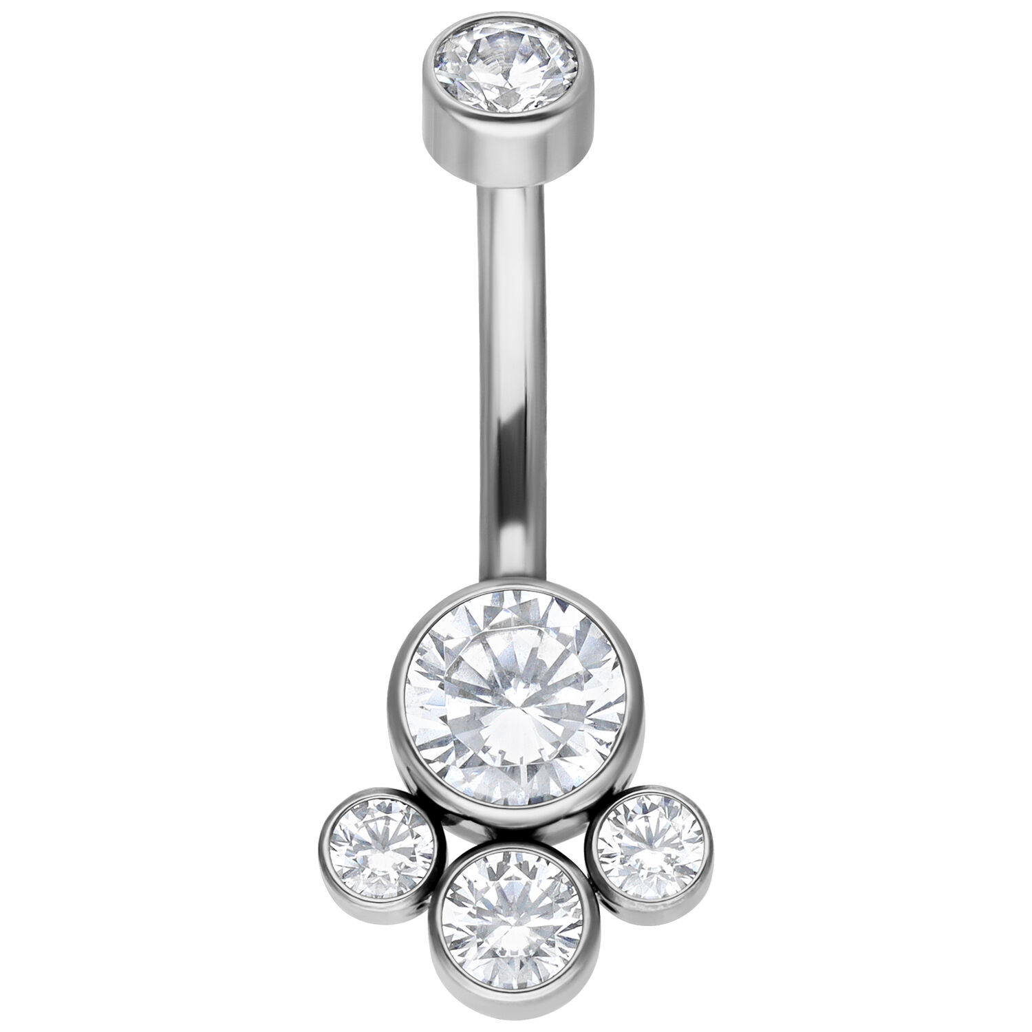 Banane en titane argentée avec cristaux Piercing de nombril argenté en titane avec cristaux clairs sur fond blanc