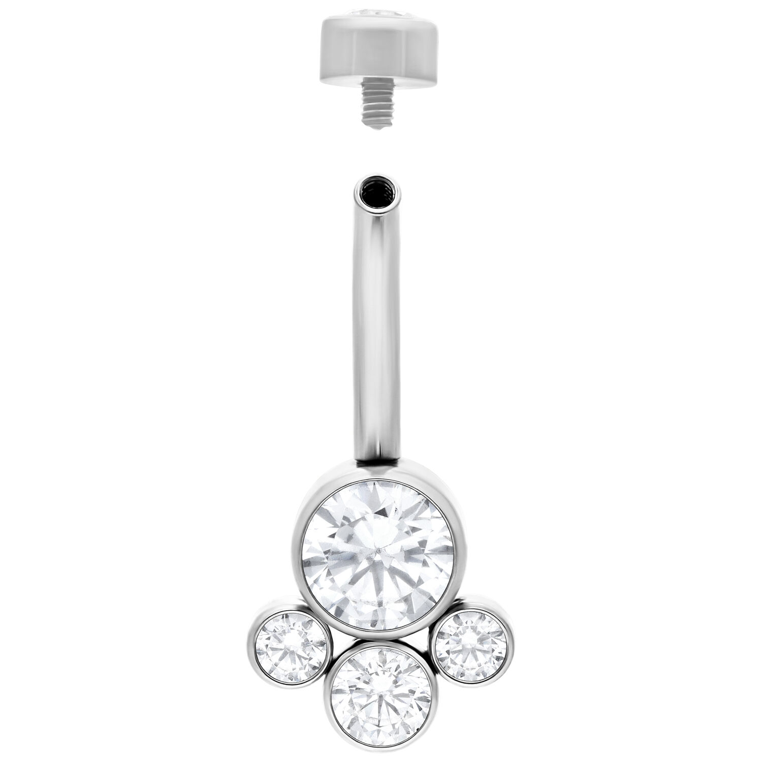 Banane en argent avec cristaux clairs, 12mm Banane de nombril en argent en titane avec cristaux clairs sur fond blanc