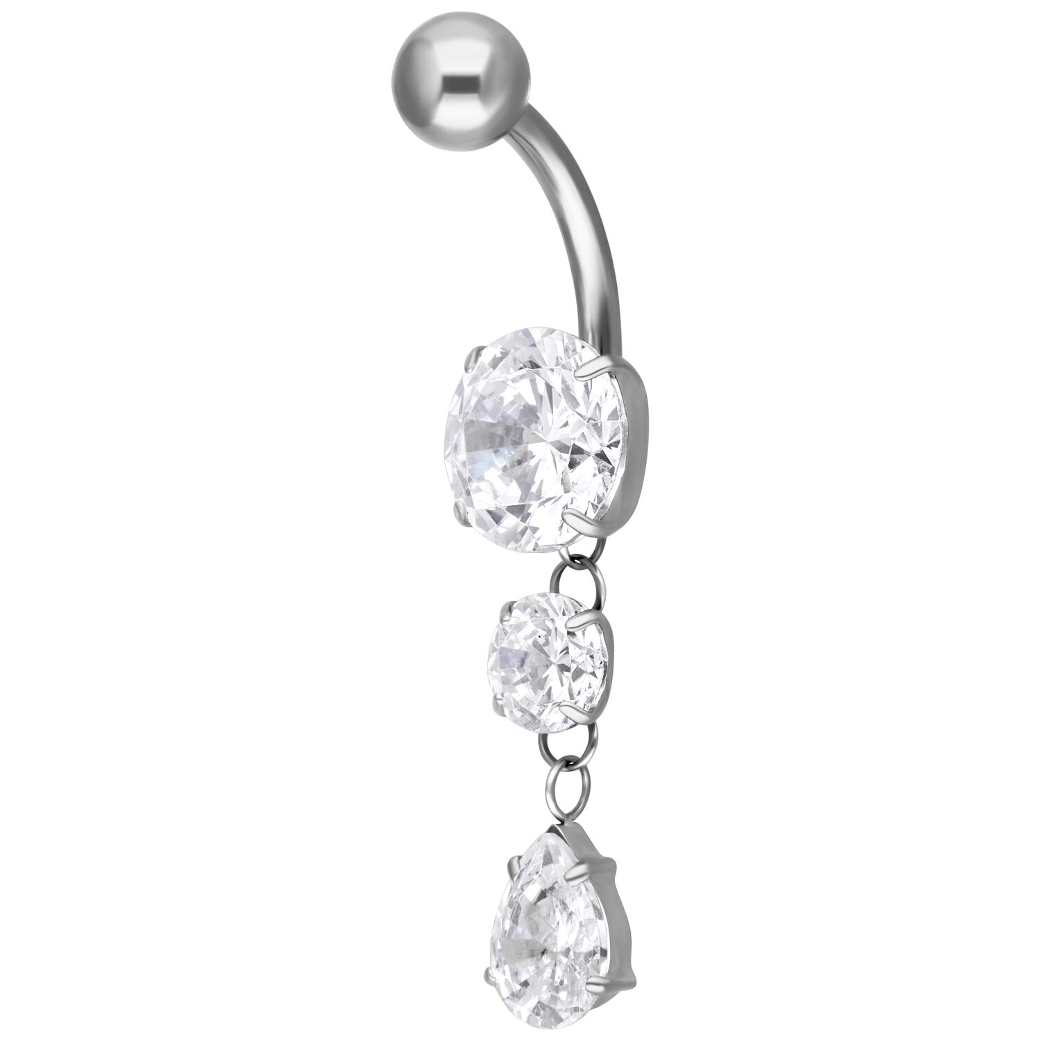 Piercing de nombril en argent avec trois cristaux clairs sur fond blanc