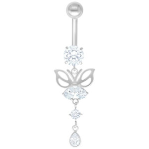 Banane en argent avec papillon en titane et cristaux clairs sur fond blanc