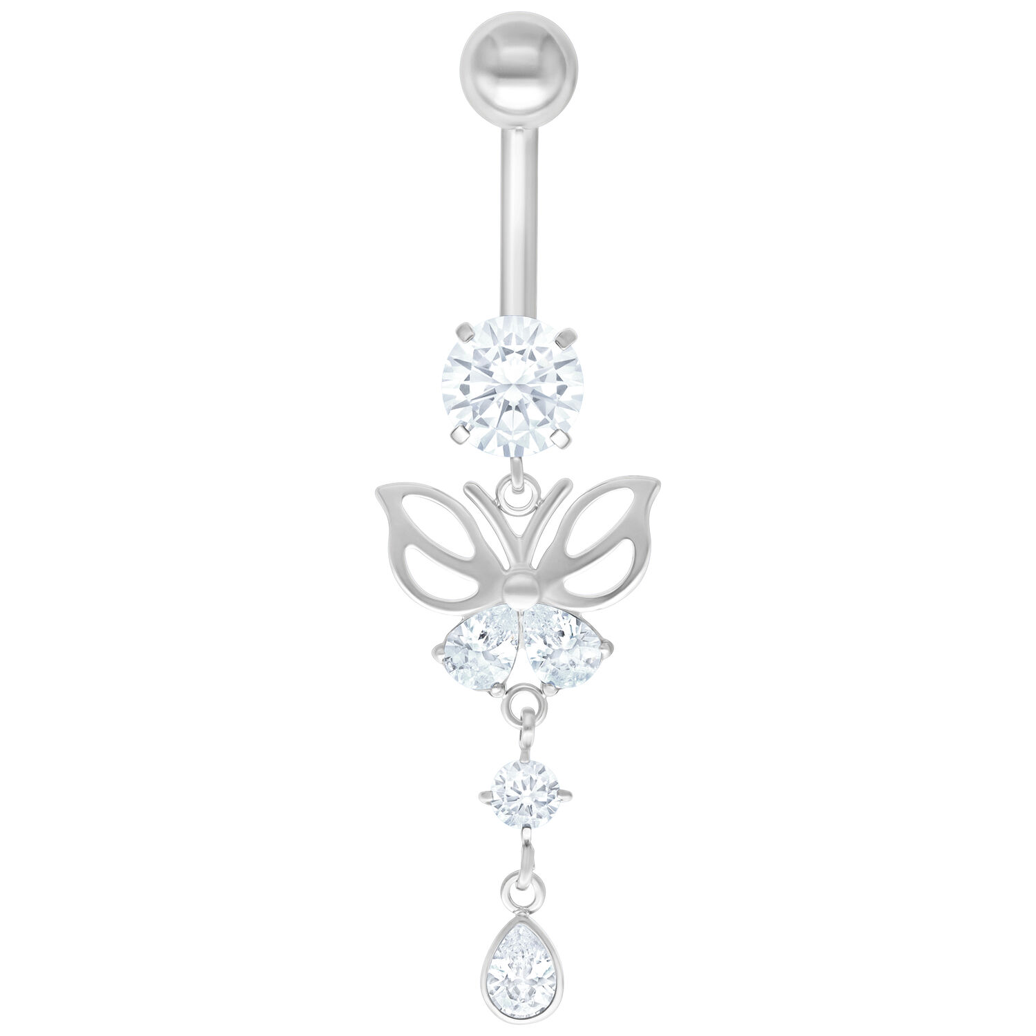 Banane en argent avec papillon et cristaux Banane en argent avec papillon en titane et cristaux clairs sur fond blanc