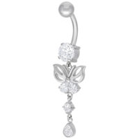 Banane en argent avec papillon et cristaux, 8mm Banane en argent avec papillon et cristaux clairs sur fond blanc