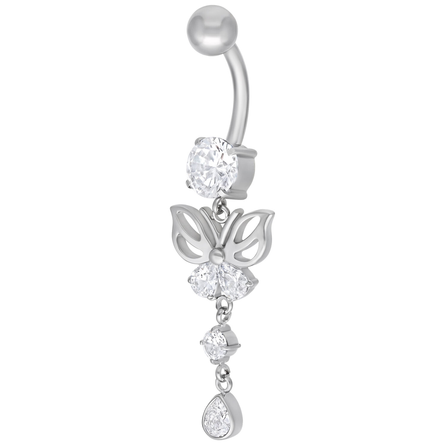 Banane en argent avec papillon et cristaux, 8mm Banane en argent avec papillon et cristaux clairs sur fond blanc