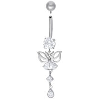 Banane papillon en titane avec cristaux Piercing au nombril en forme de papillon argenté avec cristaux clairs sur fond blanc