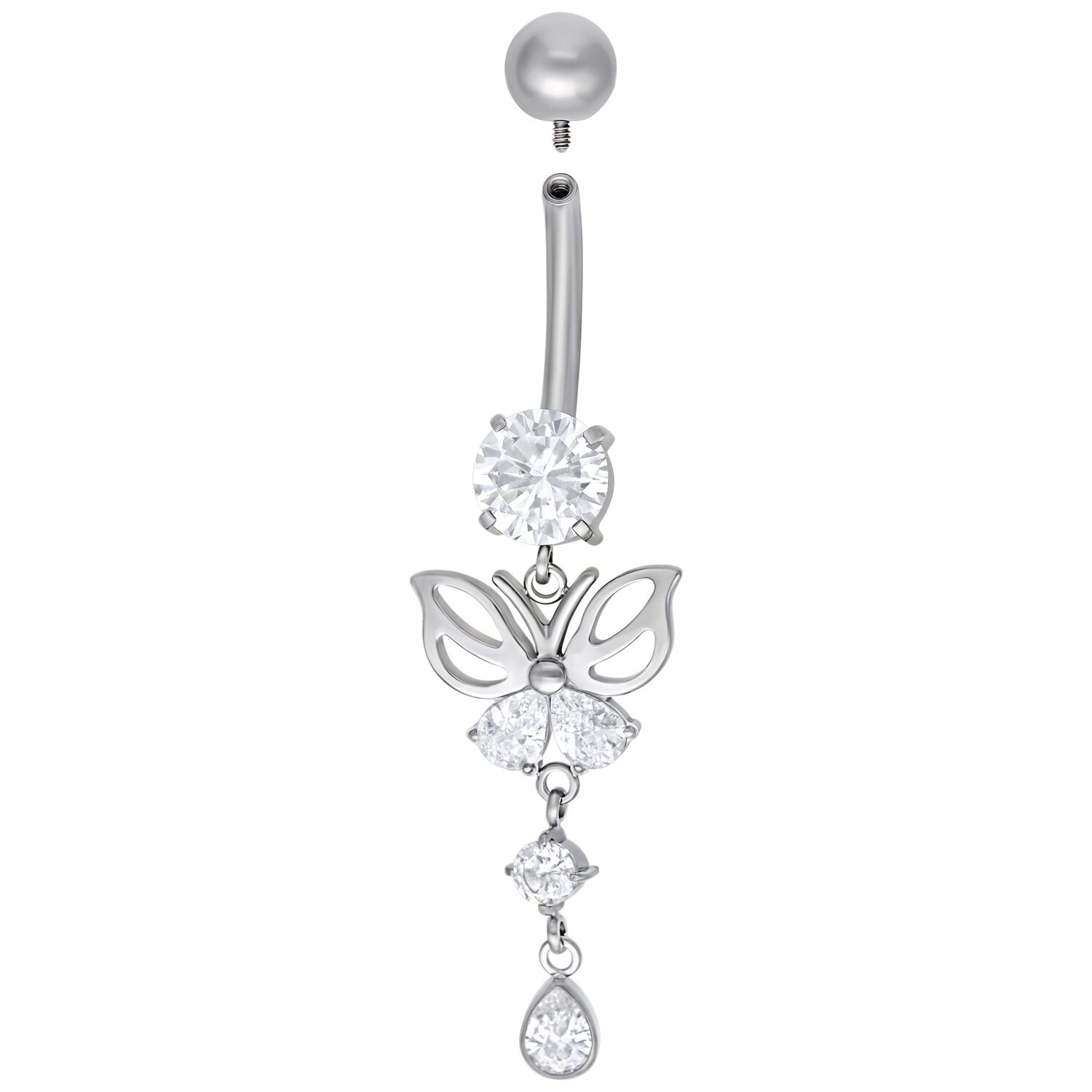 Banane papillon en titane avec cristaux Piercing au nombril en forme de papillon argenté avec cristaux clairs sur fond blanc