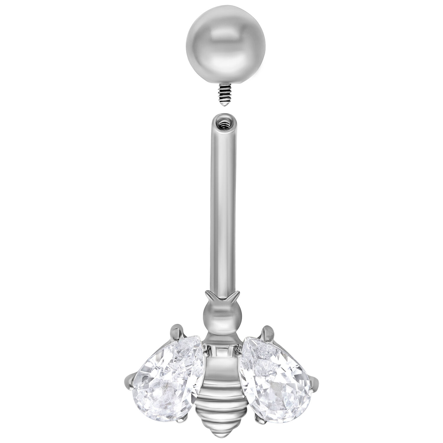 Banane en argent avec pendentif abeille en cristal Piercing nombril en argent avec pendentif abeille et cristaux clairs sur fond blanc