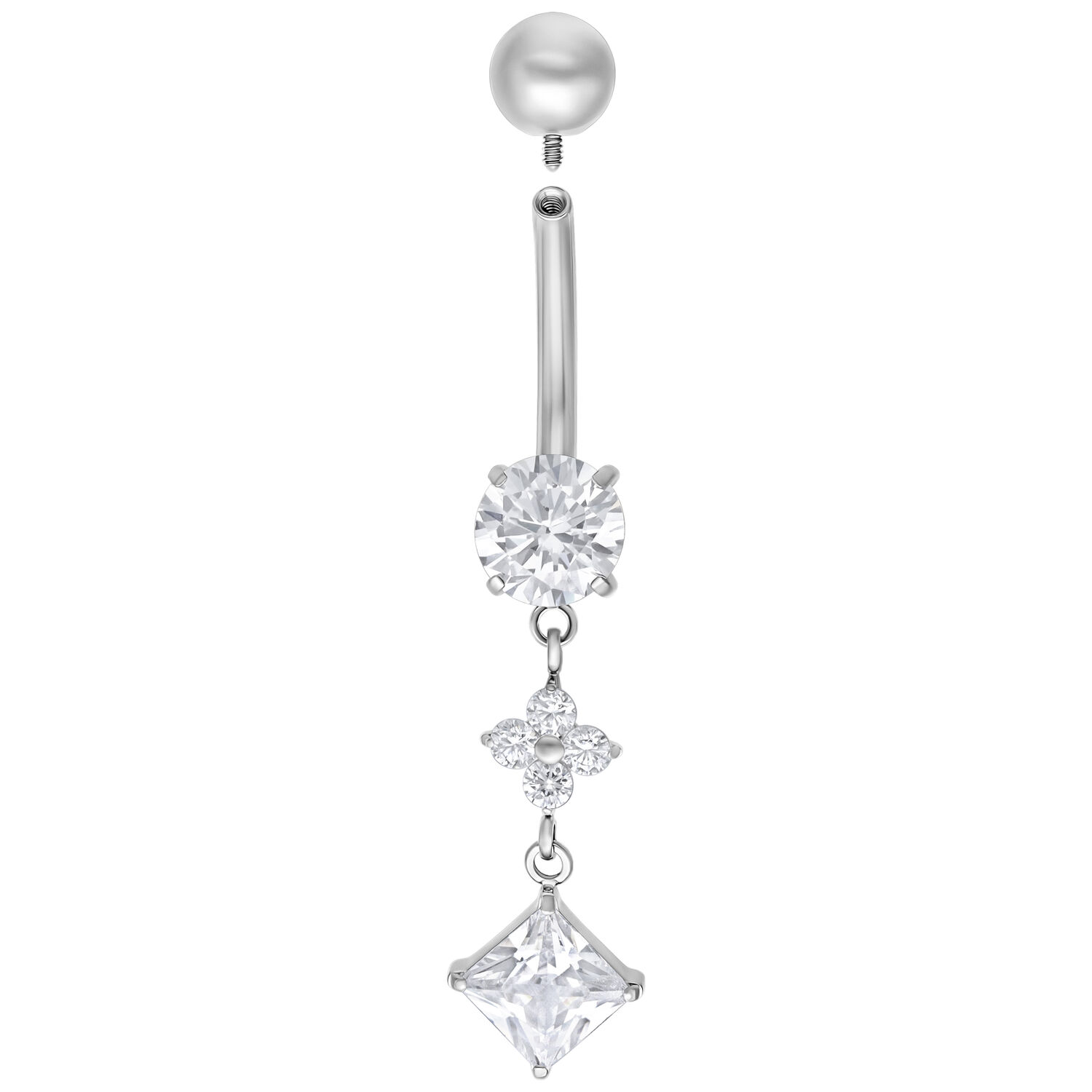 Piercing de nombril avec cristaux en argent Piercing Bananabell en argent avec cristaux clairs sur fond blanc