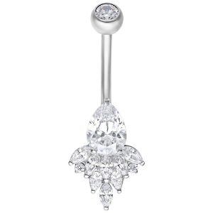 Piercing banane en argent avec cristaux clairs sur fond blanc