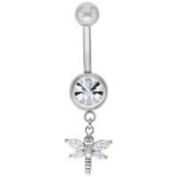 Banane en argent Dragon-fly avec cristal Piercing nombril en argent avec pendentif libellule et cristal clair sur fond blanc
