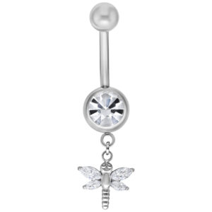 Piercing nombril en argent avec pendentif libellule et cristal clair sur fond blanc