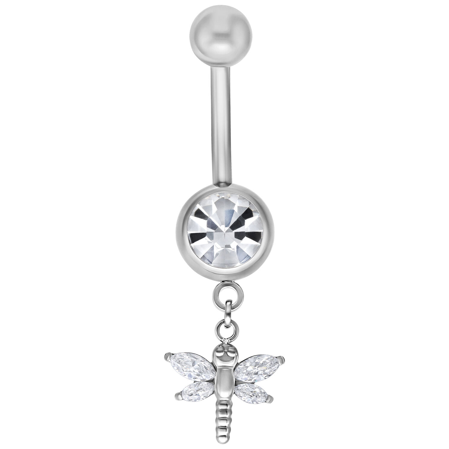 Banane en argent Dragon-fly avec cristal Piercing nombril en argent avec pendentif libellule et cristal clair sur fond blanc