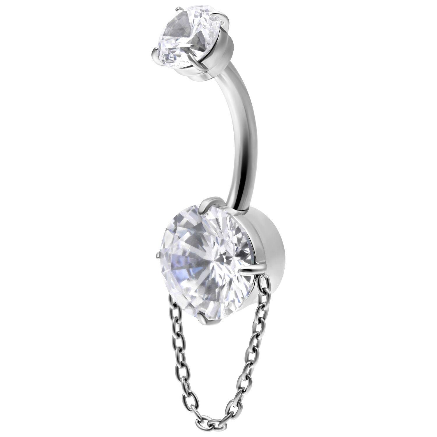 Banane de nombril avec cristaux et chaîne Piercing banane en argent avec cristaux clairs et chaîne sur fond blanc