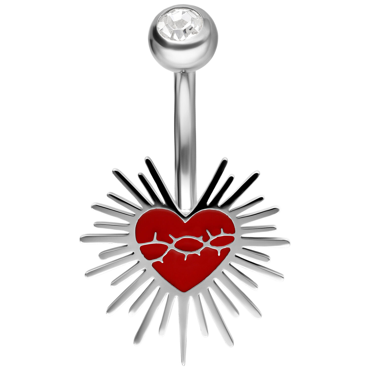 Sacred Heart Bananabell avec design de cœur rouge Bananabell en argent avec cœur rouge et rayons sur fond blanc