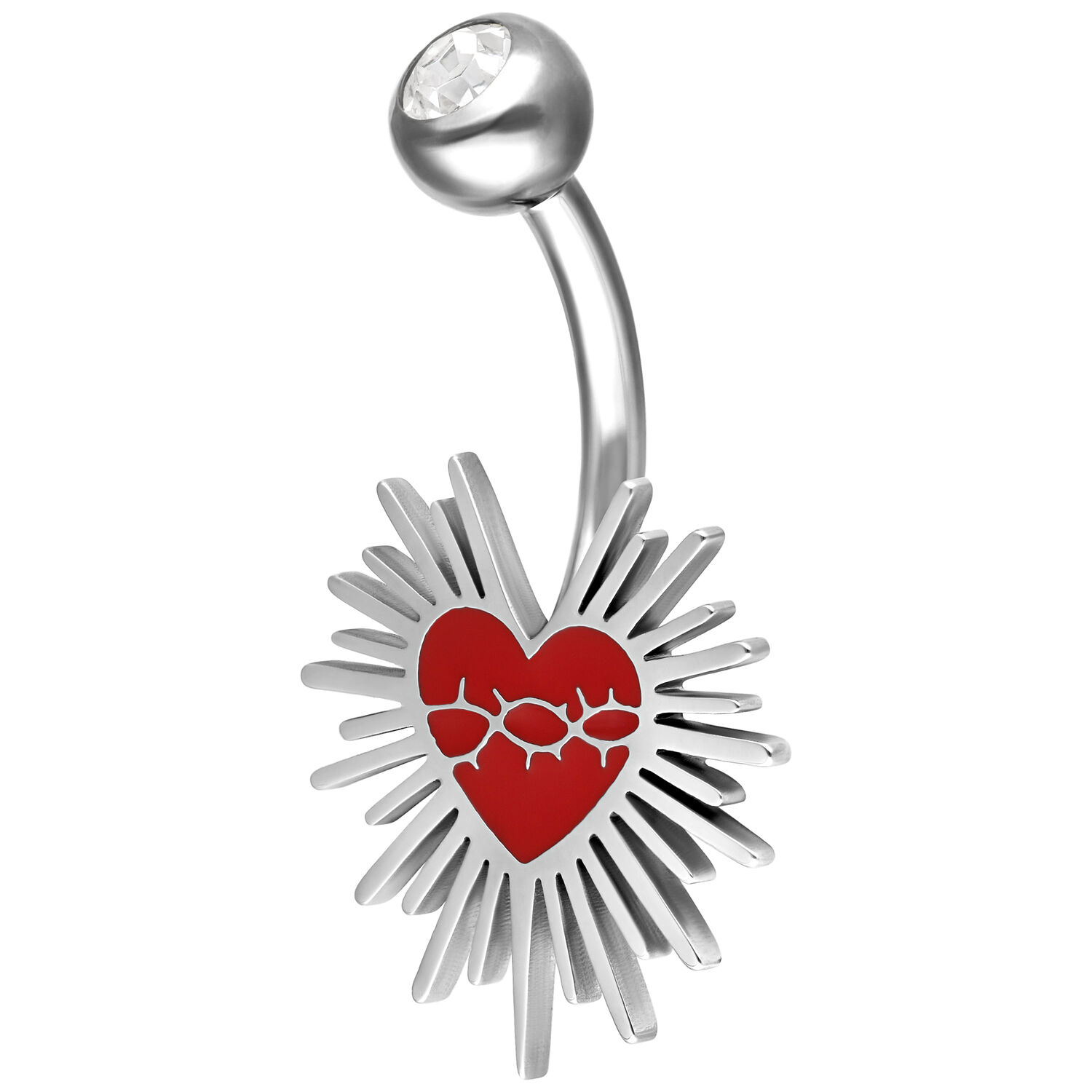 Banane de nombril avec cœur rouge et fil barbelé Banane en argent avec cœur rouge et design de fil barbelé sur fond blanc
