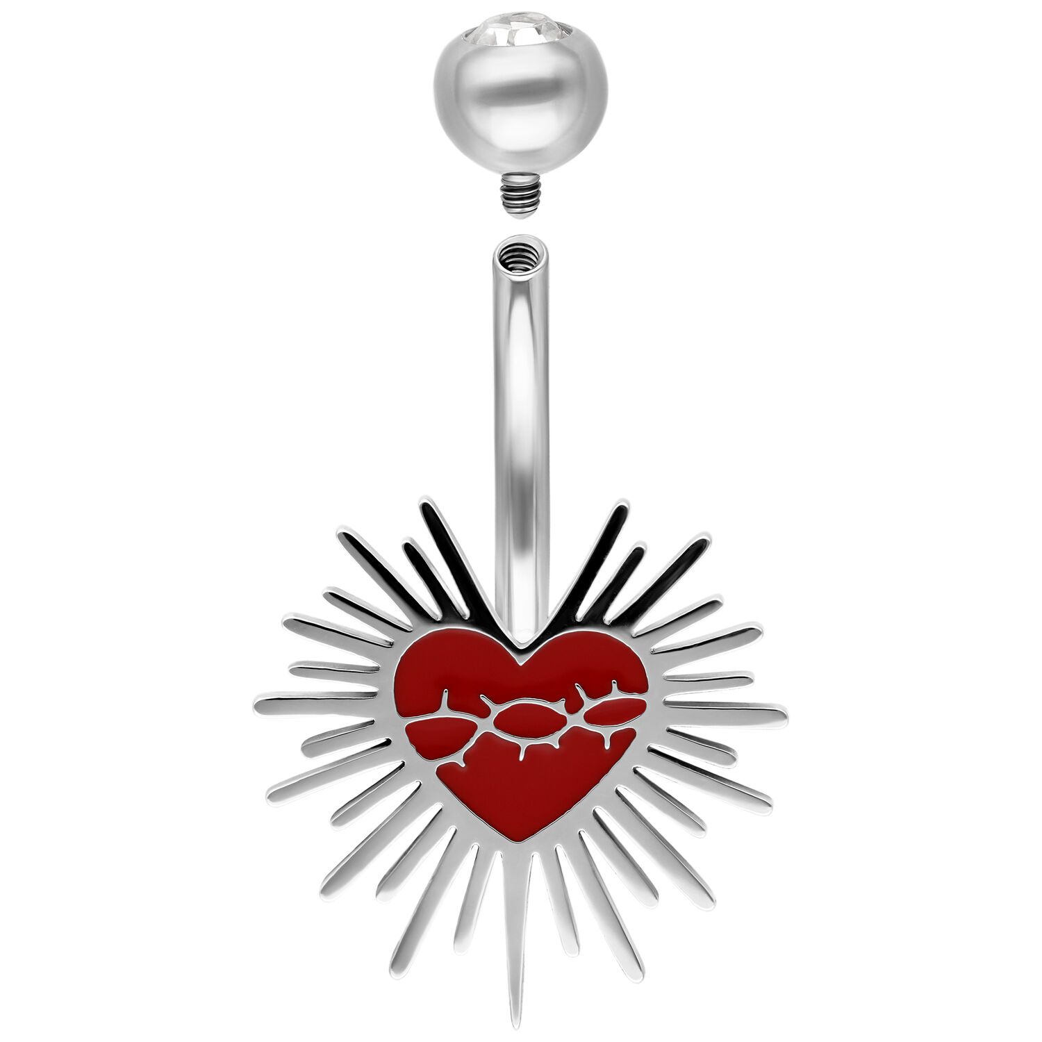 Banane de nombril avec design Sacred Heart Banane en titane argenté avec Sacred Heart rouge et couronne d'épines sur fond blanc