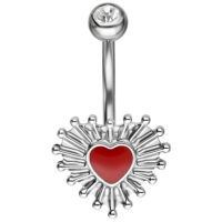 Banane de nombril avec pendentif cœur rouge Banane en argent avec pendentif cœur rouge et cristal sur fond blanc