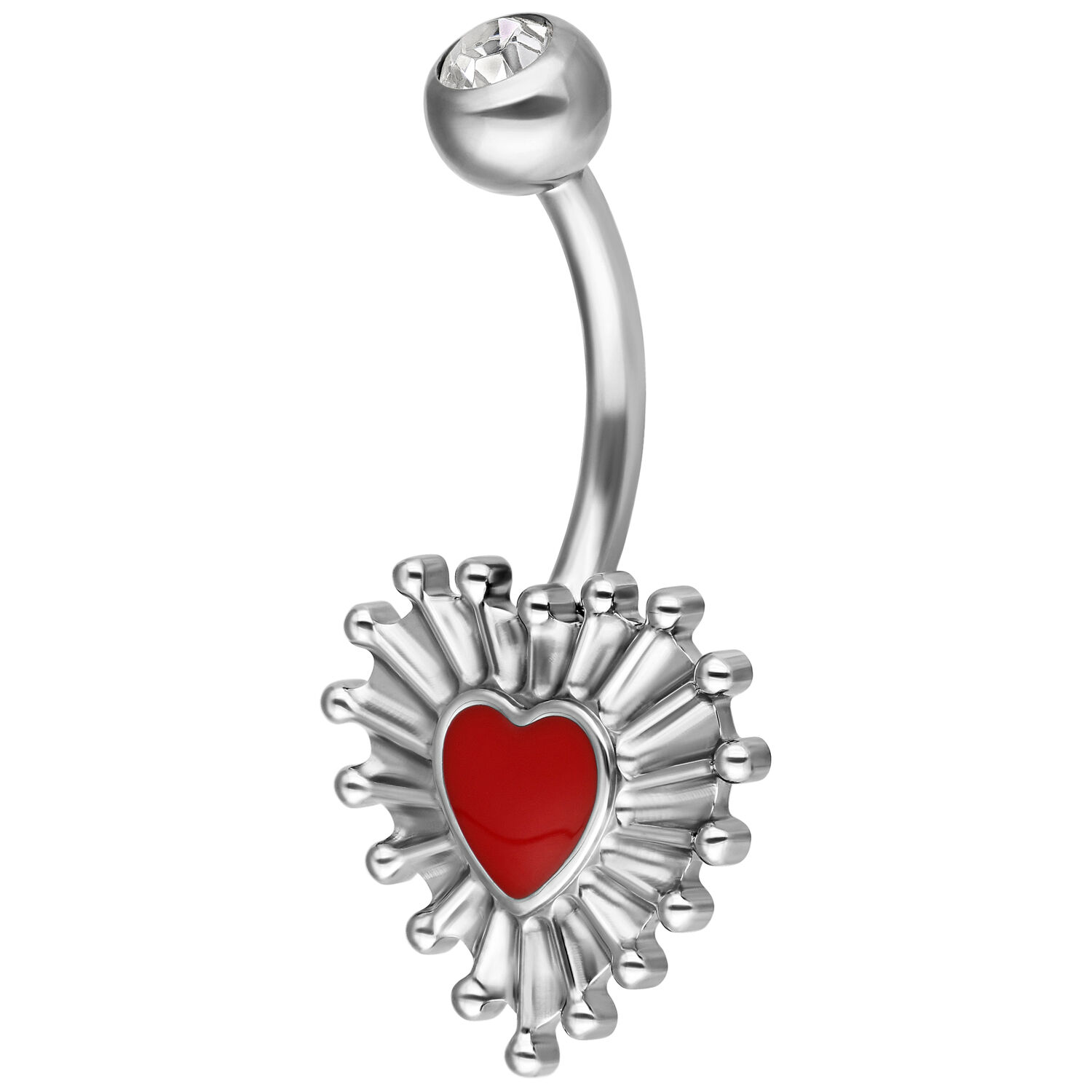 Banane en argent avec pendentif cœur rouge Banane en titane argent avec cœur rouge et cristal sur fond blanc