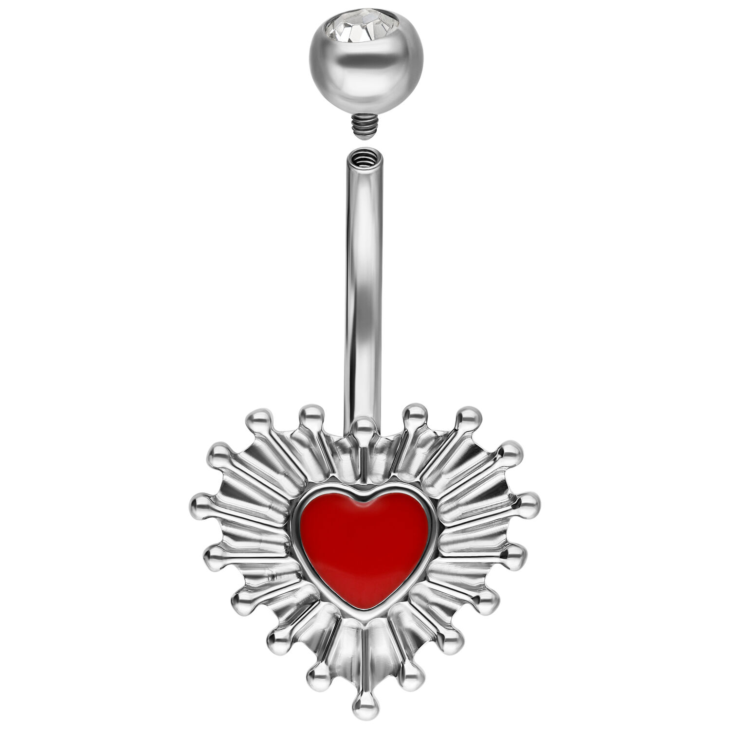 Banane Sacred Heart argentée 12mm Banane argentée avec pendentif cœur rouge sur fond blanc