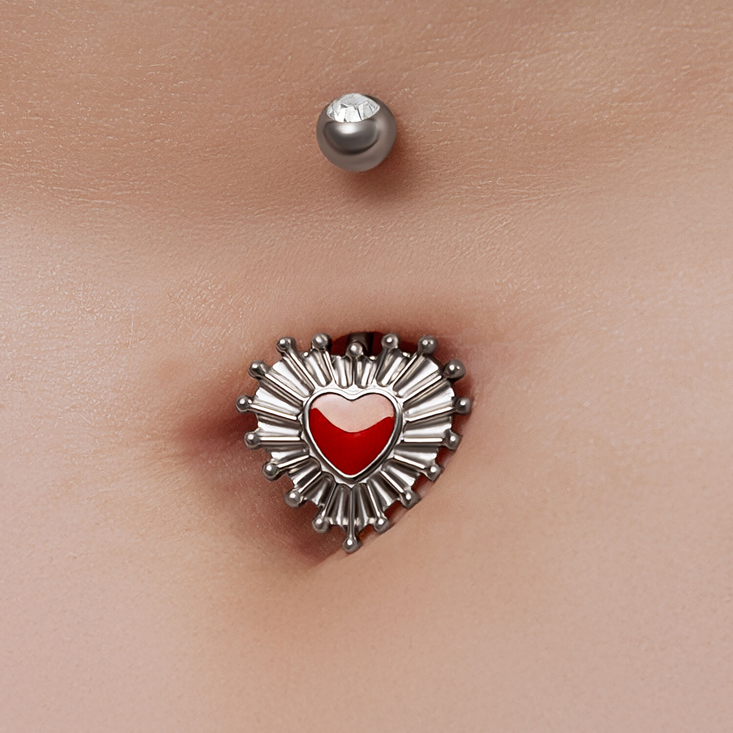 Sacred Heart Bubble Émail Bananabell Titane Piercing nombril avec design cœur rouge et accents argentés sur peau