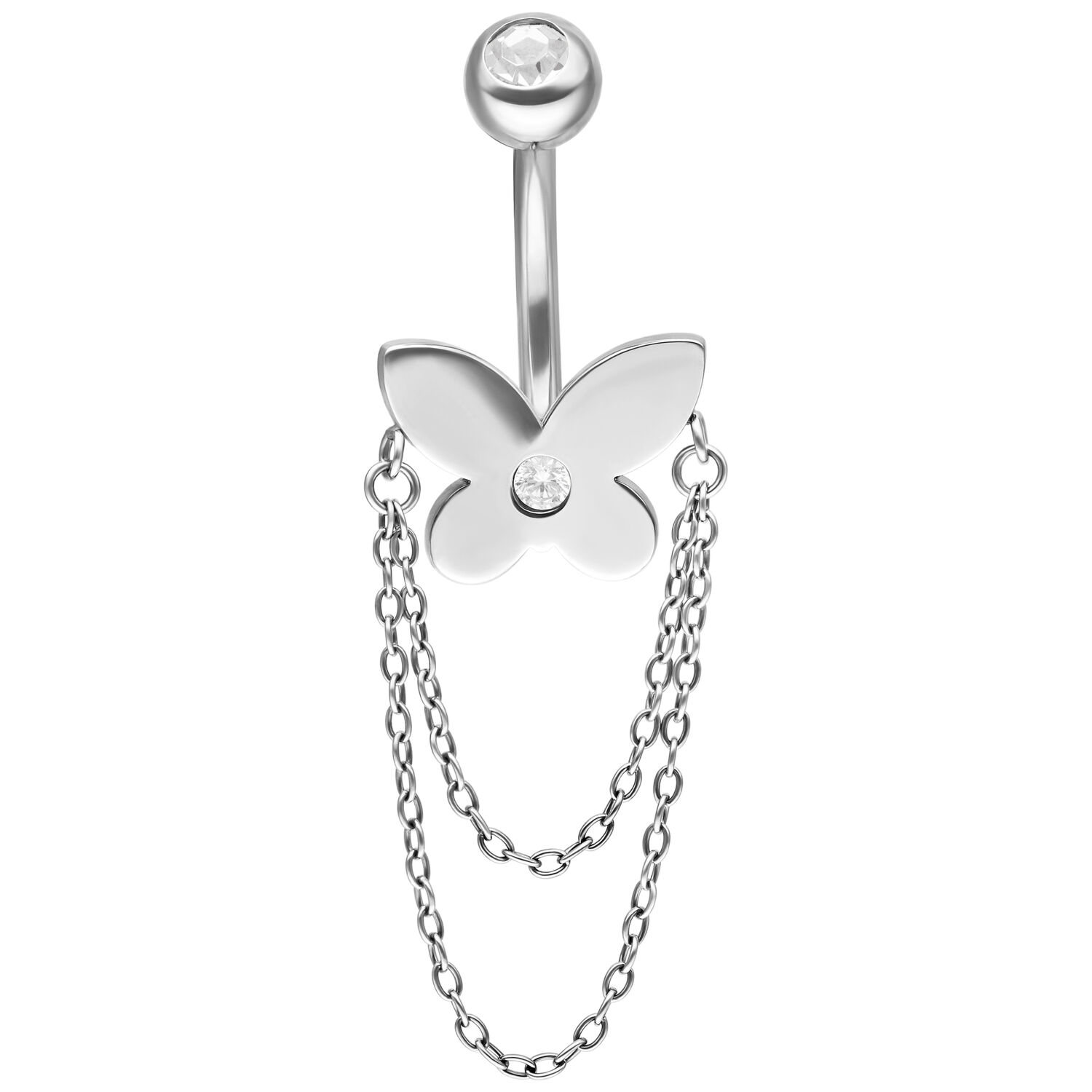 Banane avec papillon et chaînes, titane, argent Banane en argent avec papillon et chaînes sur fond blanc